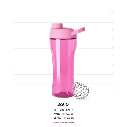 Bright pink translucent shaker bottle with magenta-colored cap and push-button top for mixing drinks or supplements.