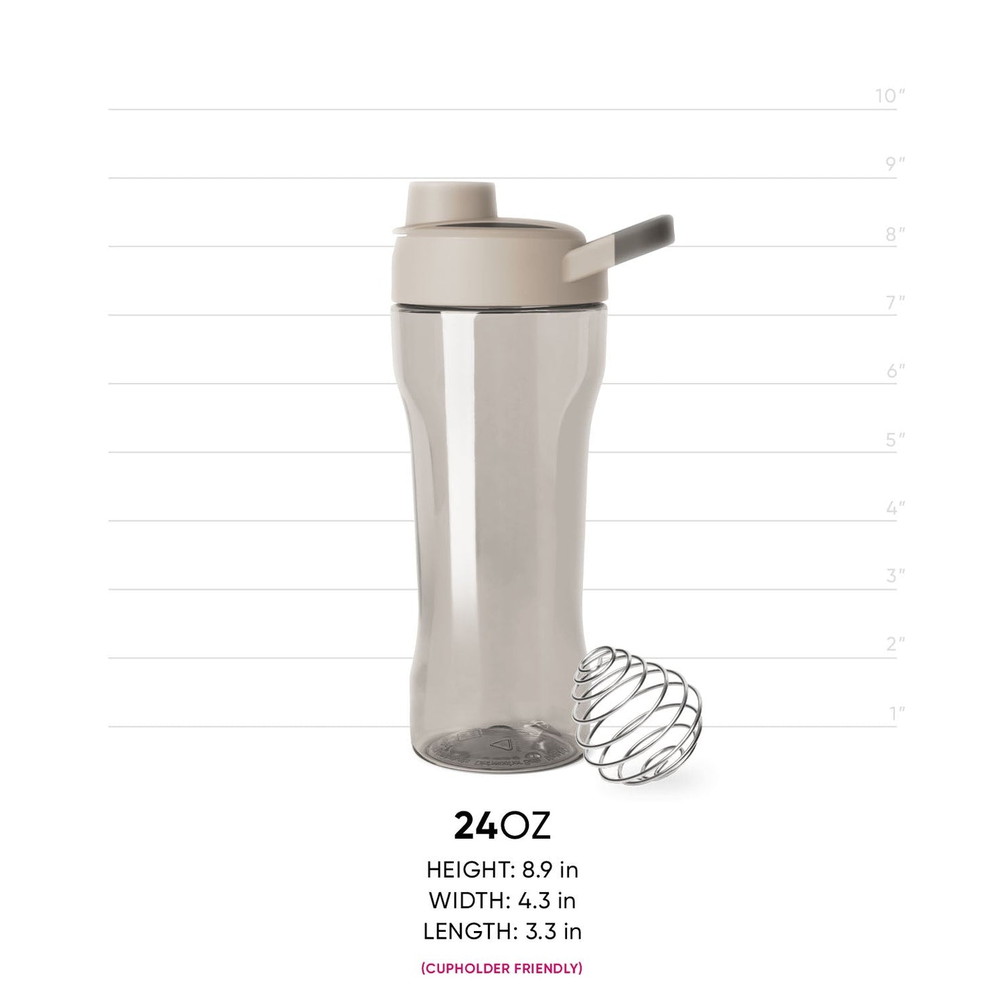 Sand beige plastic bottle with frosted translucent lower section and metal whisk visible inside, featuring matching taupe cap.