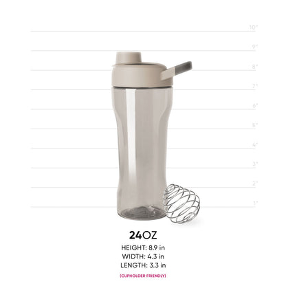 Sand beige plastic bottle with frosted translucent lower section and metal whisk visible inside, featuring matching taupe cap.