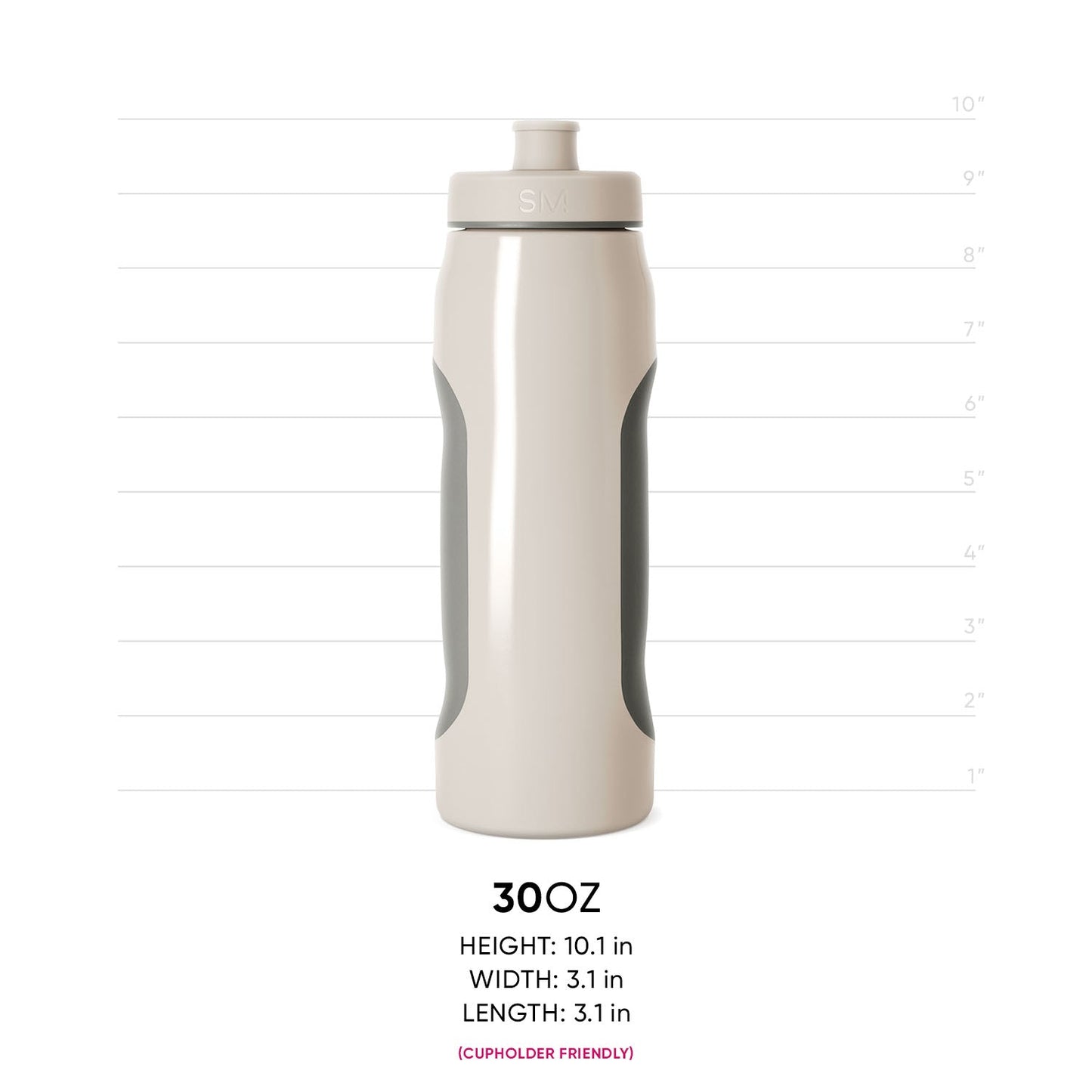 Cream-colored bottle with sage green side panels and dark gray band, product measurement view for RLY-SQZ-30-AMD-M model