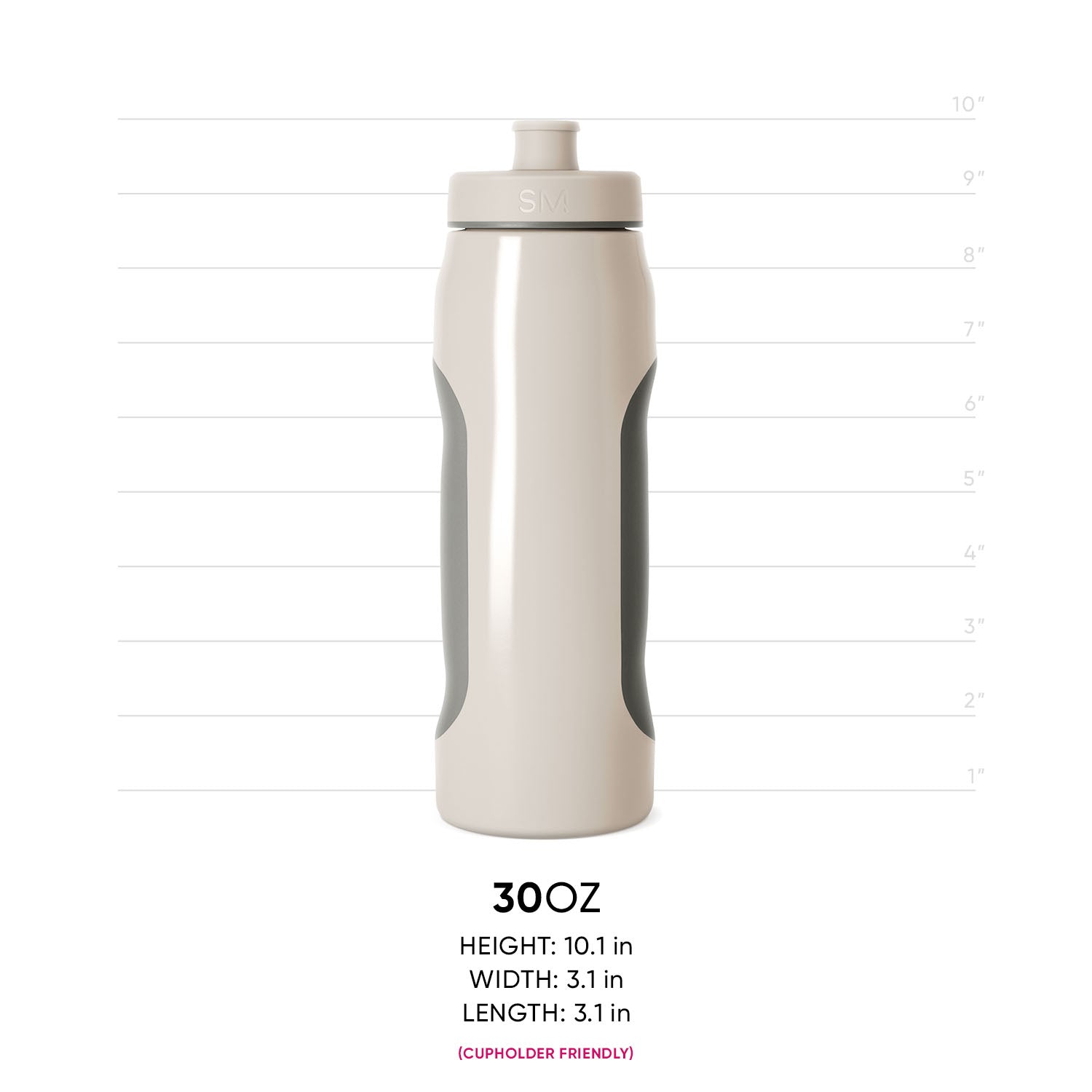 Cream-colored bottle with sage green side panels and dark gray band, product measurement view for RLY-SQZ-30-AMD-M model