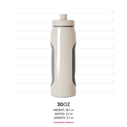 Cream-colored bottle with sage green side panels and dark gray band, product measurement view for RLY-SQZ-30-AMD-M model