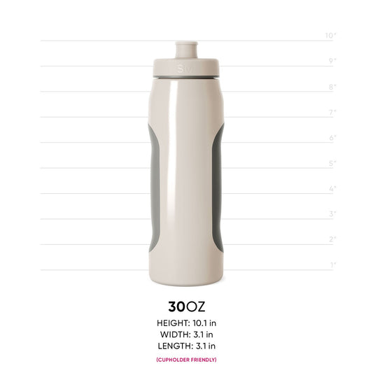 Cream-colored bottle with sage green side panels and dark gray band, product measurement view for RLY-SQZ-30-AMD-M model