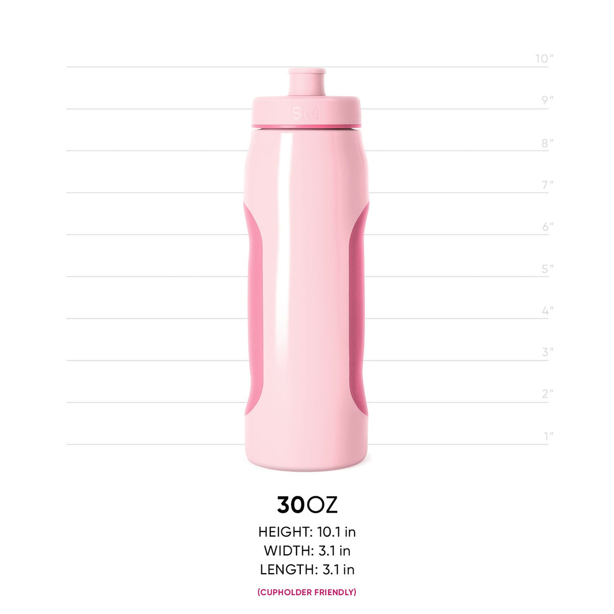 Pale pink water bottle with hot pink grip accents on the sides and a white vertical stripe down the front
