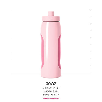 Pale pink water bottle with hot pink grip accents on the sides and a white vertical stripe down the front