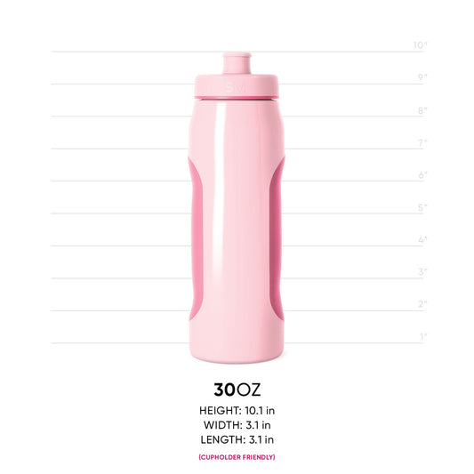 Pale pink water bottle with hot pink grip accents on the sides and a white vertical stripe down the front