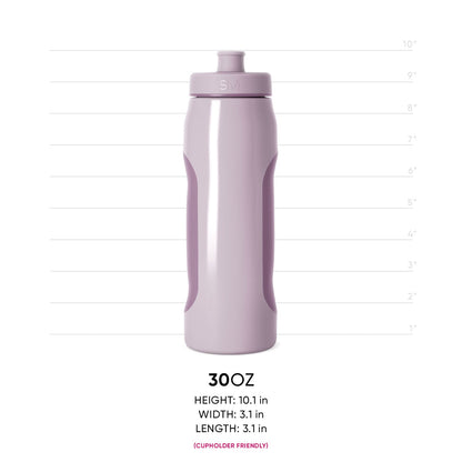 Lavender squeeze bottle with measurement markings and dark purple grip indentations on sides