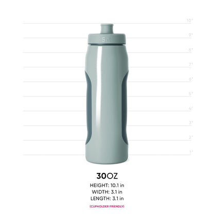 Sage green squeezy water bottle with dark teal grip panels on sides, product measurement reference image
