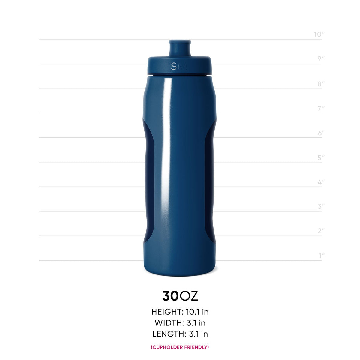 Deep teal water bottle with glossy finish and white reflections on curved surface