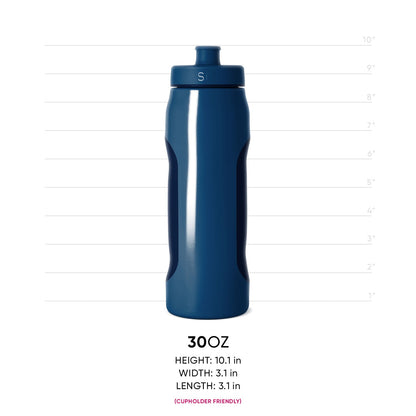 Deep teal water bottle with glossy finish and white reflections on curved surface