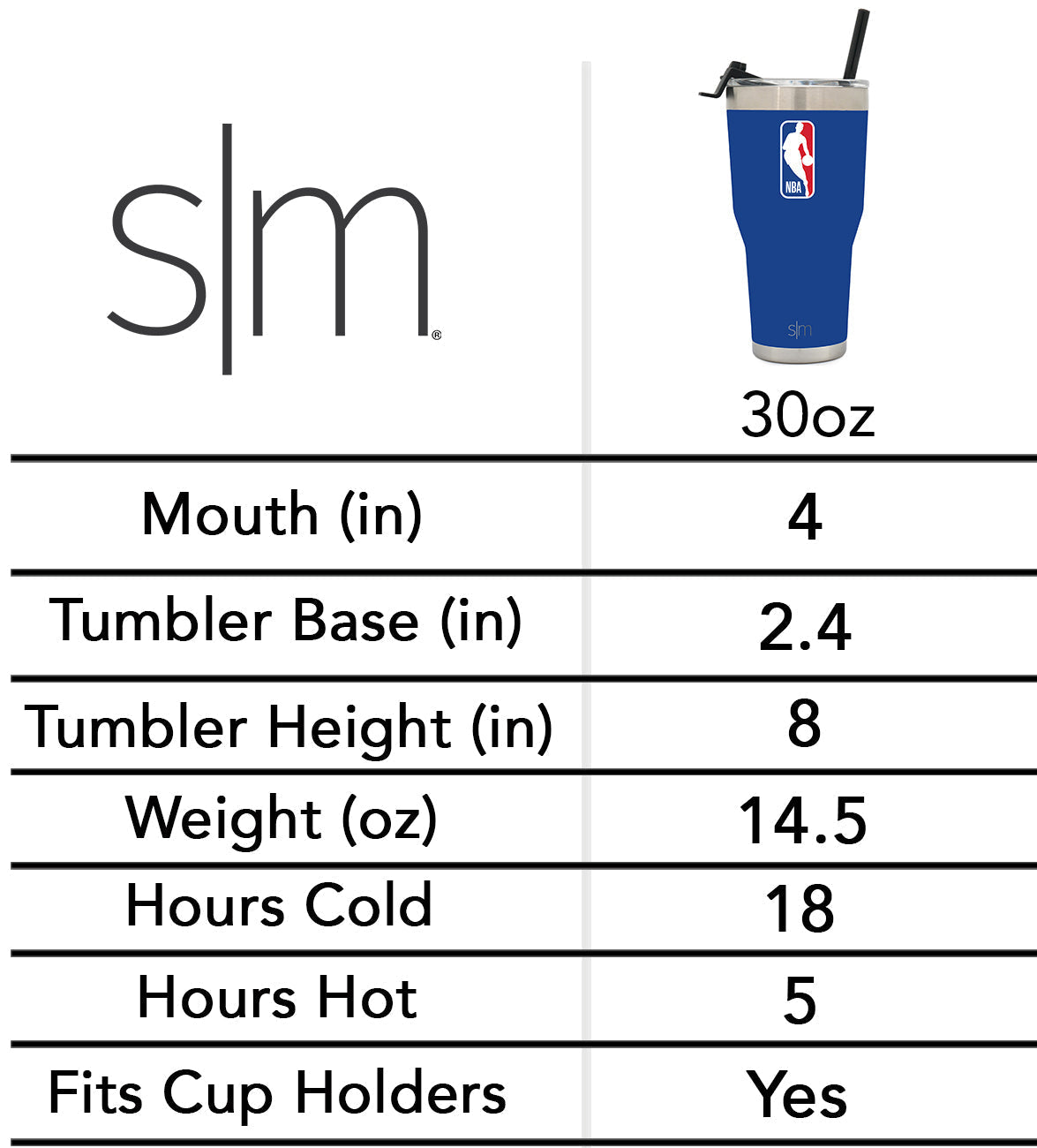 NBA Cruiser stainless steel tumbler with royal blue body and silver upper section, displayed with measurement specifications on white background
