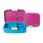 Simple Modern bento lunch container with hot pink hinged lid featuring three compartments and turquoise blue base with two compartments, lime green handles, shown open and closed against white background.