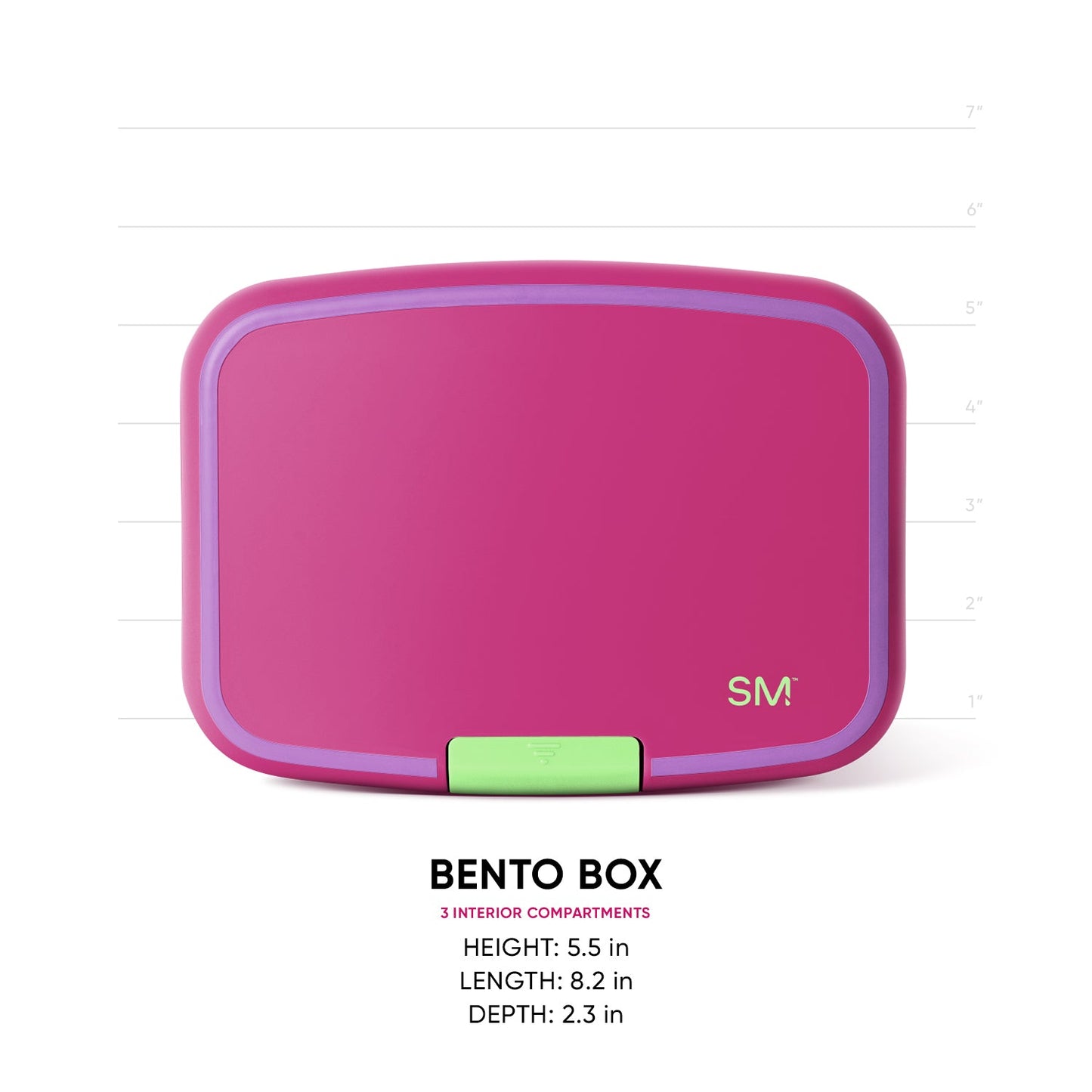 Pink Simple Modern bento box with purple trim and lime green latch, shown with measurement scale. Three interior compartments. Dimensions: 5.5"H x 8.2"L x 2.3"D.