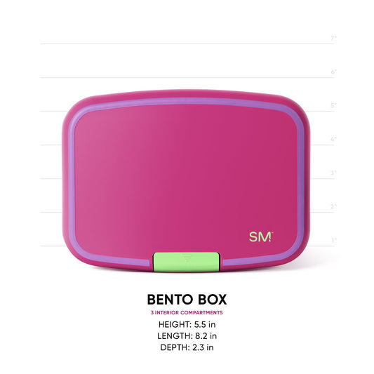 Pink Simple Modern bento box with purple trim and lime green latch, shown with measurement scale. Three interior compartments. Dimensions: 5.5"H x 8.2"L x 2.3"D.