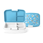 Sky blue Simple Modern lunch box set displayed open and closed, showing white interior compartments and cartoon puppy designs with clouds on the lids.