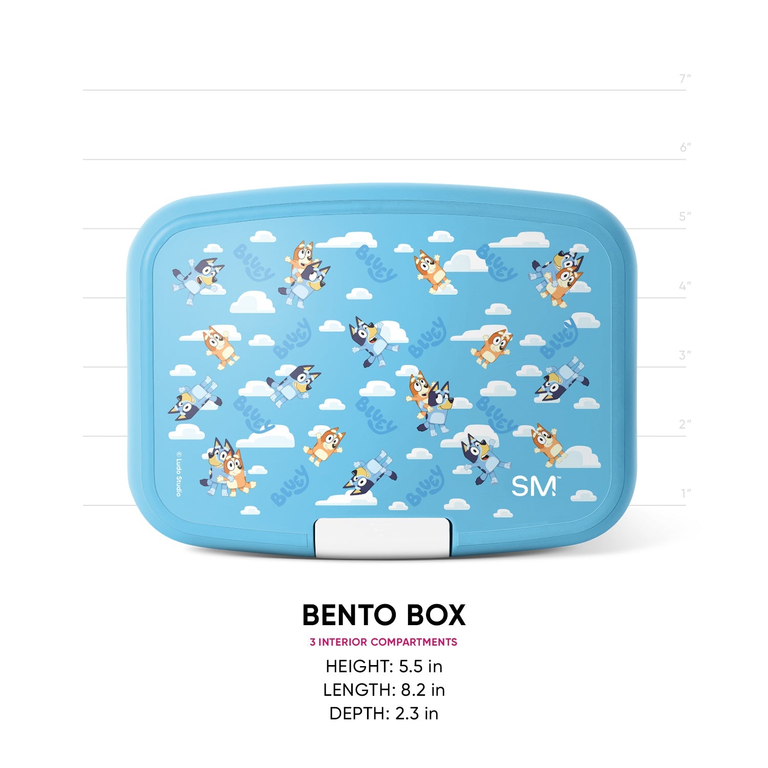Sky blue bento box lunch container with cartoon dog and cloud illustrations on lid, white latch closure, three interior compartments. Measurements shown: 5.5" height, 8.2" length, 2.3" depth.