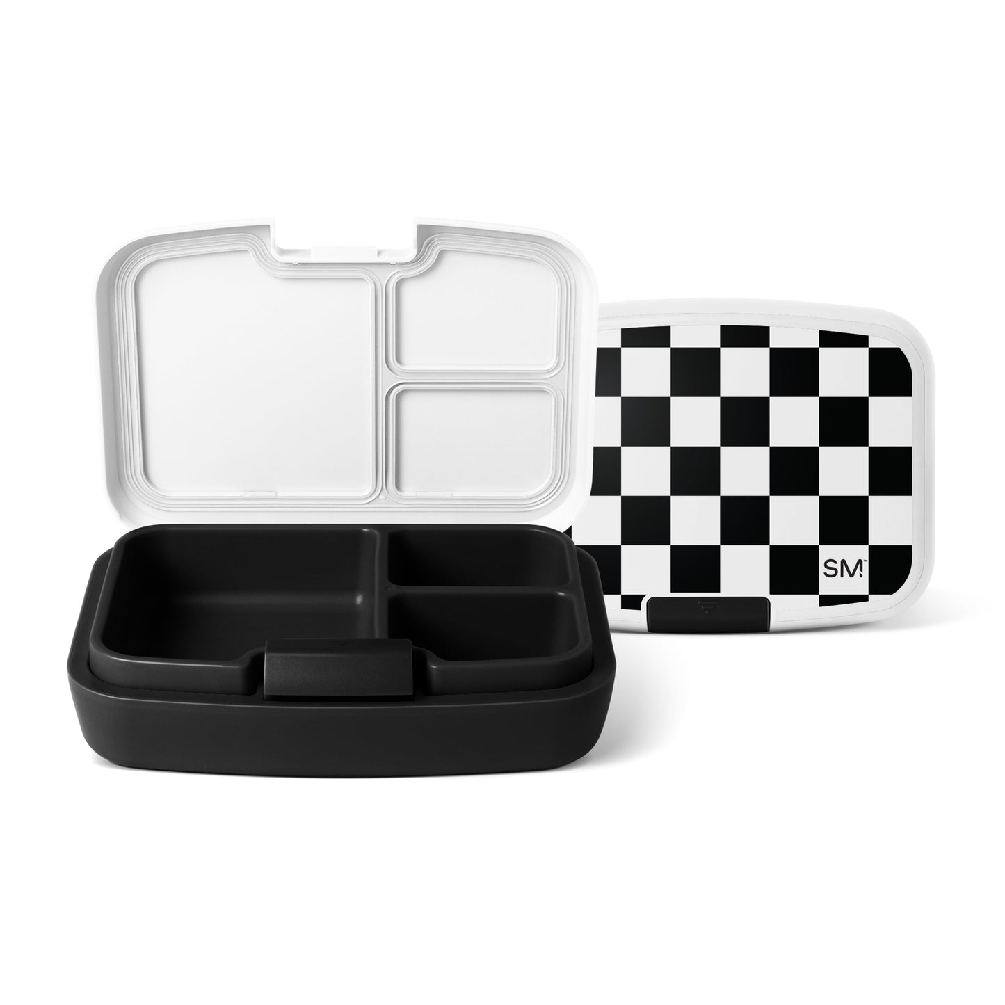 Three Simple Modern lunch containers with black and white compartmentalized bases and lids displayed against a white background. One features a checkered lid with the SM logo.
