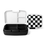 Three Simple Modern lunch containers with black and white compartmentalized bases and lids displayed against a white background. One features a checkered lid with the SM logo.