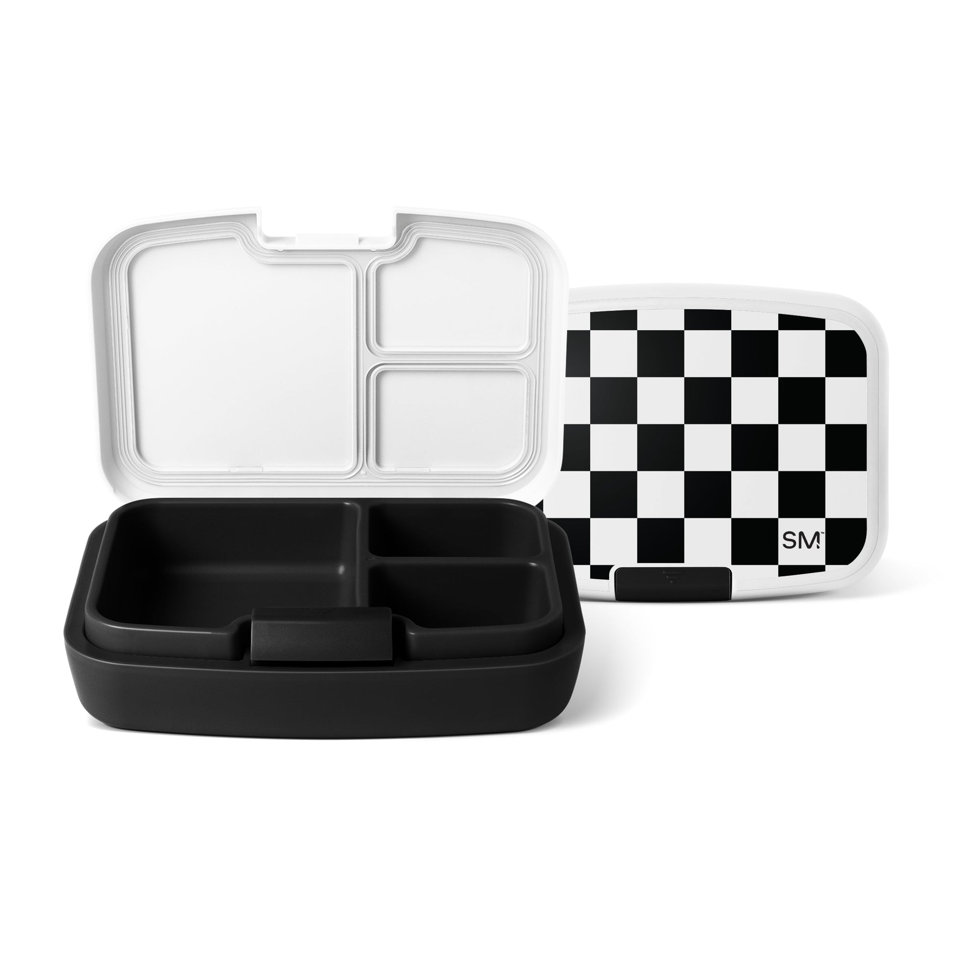 Three Simple Modern lunch containers with black and white compartmentalized bases and lids displayed against a white background. One features a checkered lid with the SM logo.