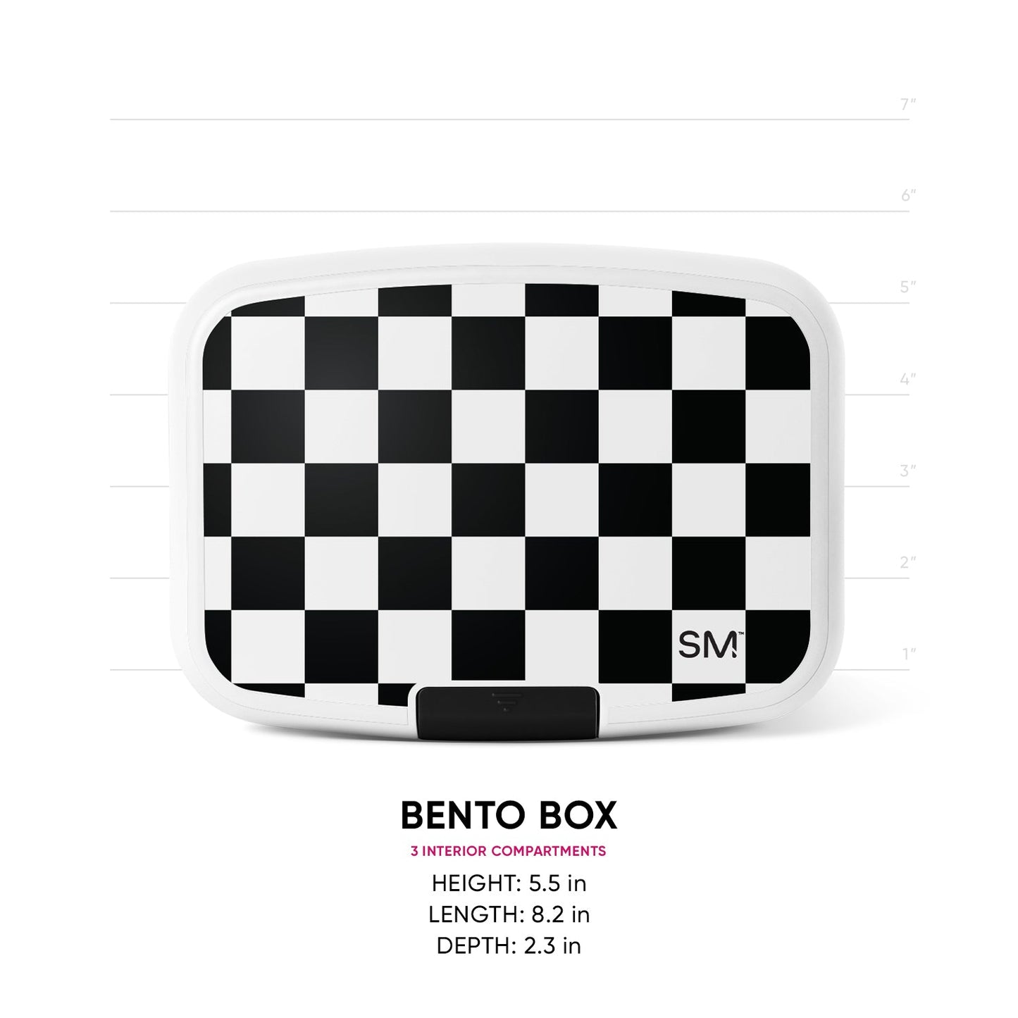 Simple Modern bento box with black and white checkerboard pattern, black latch, measurement scale showing 5.5 in height, 8.2 in length, 2.3 in depth, 3 interior compartments.