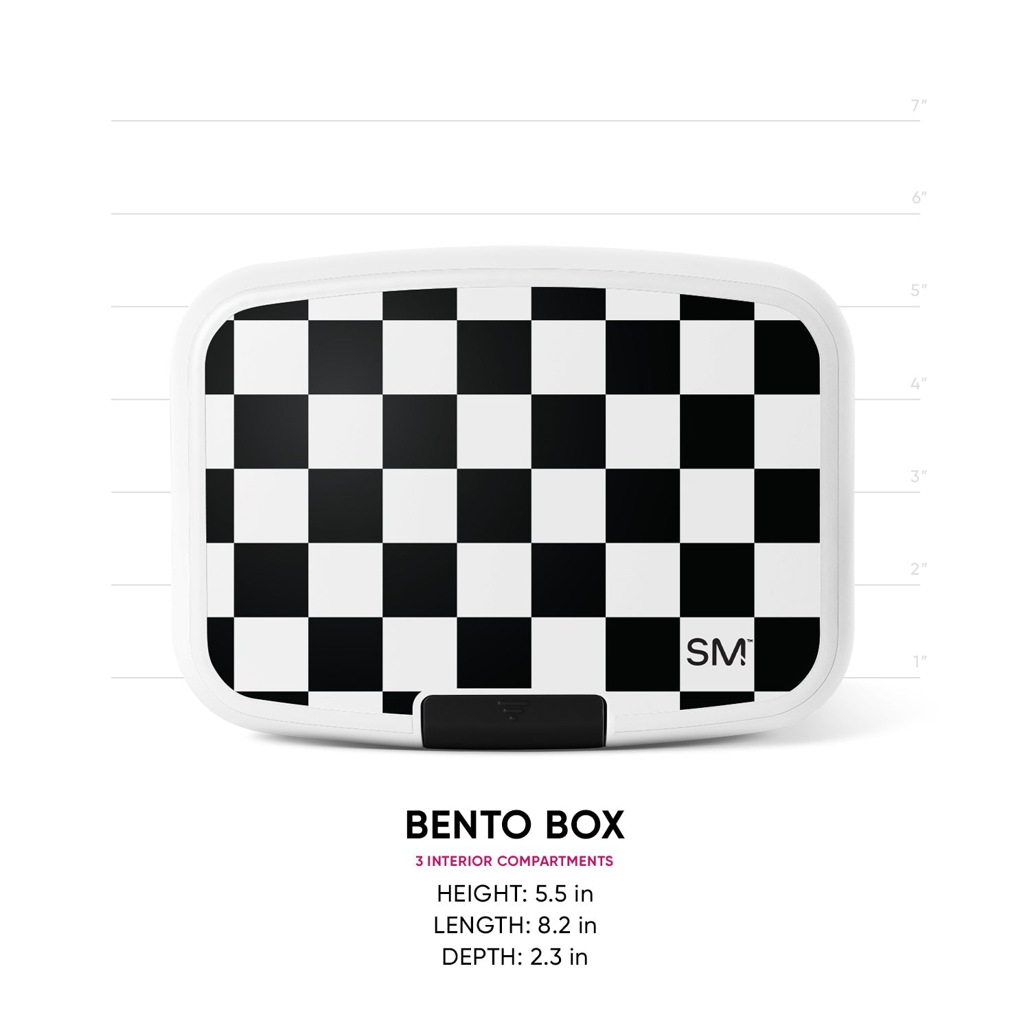 Simple Modern bento box with black and white checkerboard pattern, black latch, measurement scale showing 5.5 in height, 8.2 in length, 2.3 in depth, 3 interior compartments.