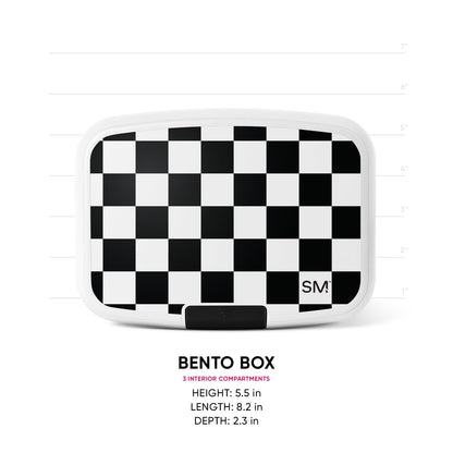 Simple Modern bento box with black and white checkerboard pattern, black latch, measurement scale showing 5.5 in height, 8.2 in length, 2.3 in depth, 3 interior compartments.