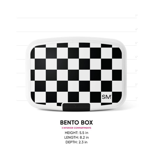 Simple Modern bento box with black and white checkerboard pattern, black latch, measurement scale showing 5.5 in height, 8.2 in length, 2.3 in depth, 3 interior compartments.