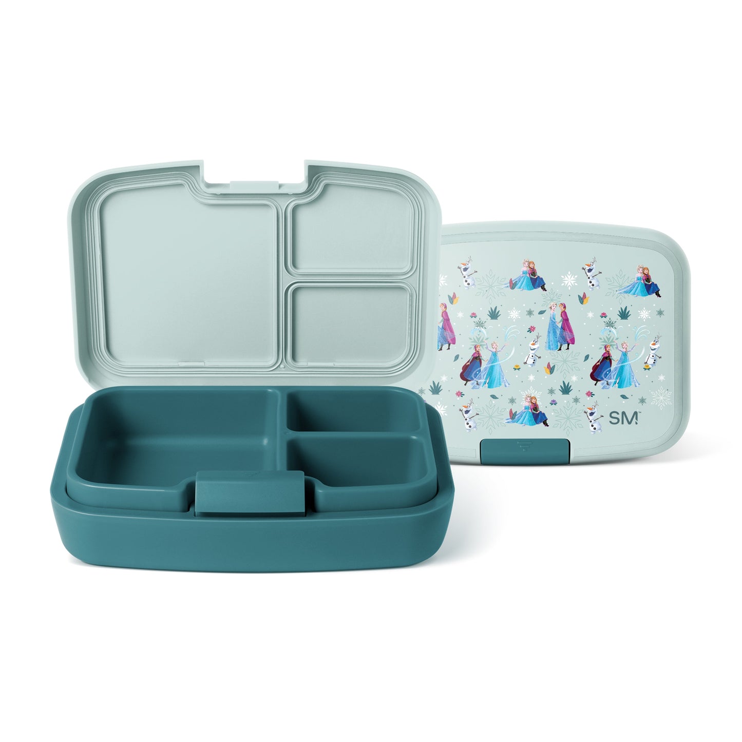 Simple Modern three-compartment bento lunch box in dusty teal with pale green lid, featuring Disney Frozen character design. Product shown open and closed against white background.