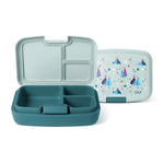 Simple Modern three-compartment bento lunch box in dusty teal with pale green lid, featuring Disney Frozen character design. Product shown open and closed against white background.