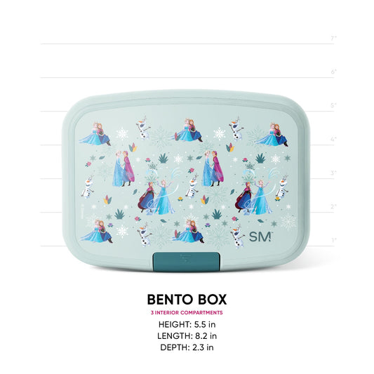 Frozen-themed bento box with seafoam exterior, cream lid featuring Elsa, Anna, Olaf, and Kristoff characters with snowflake design. Teal latch closure. Dimensions: 8.2" L x 5.5" H x 2.3" D. Includes measurement scale. 3