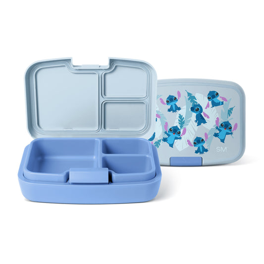 Double compartment lunchbox by Simple Modern in periwinkle blue with three food storage sections, shown open and closed with decorative character lid against white background.