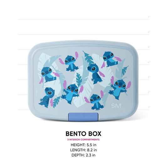 Pale blue bento box with rounded corners featuring playful teal alien characters with magenta wings and white leaf designs on lid. Includes measurement scale. 3 interior compartments, 8.2" L × 5.5" H × 2.3" D.