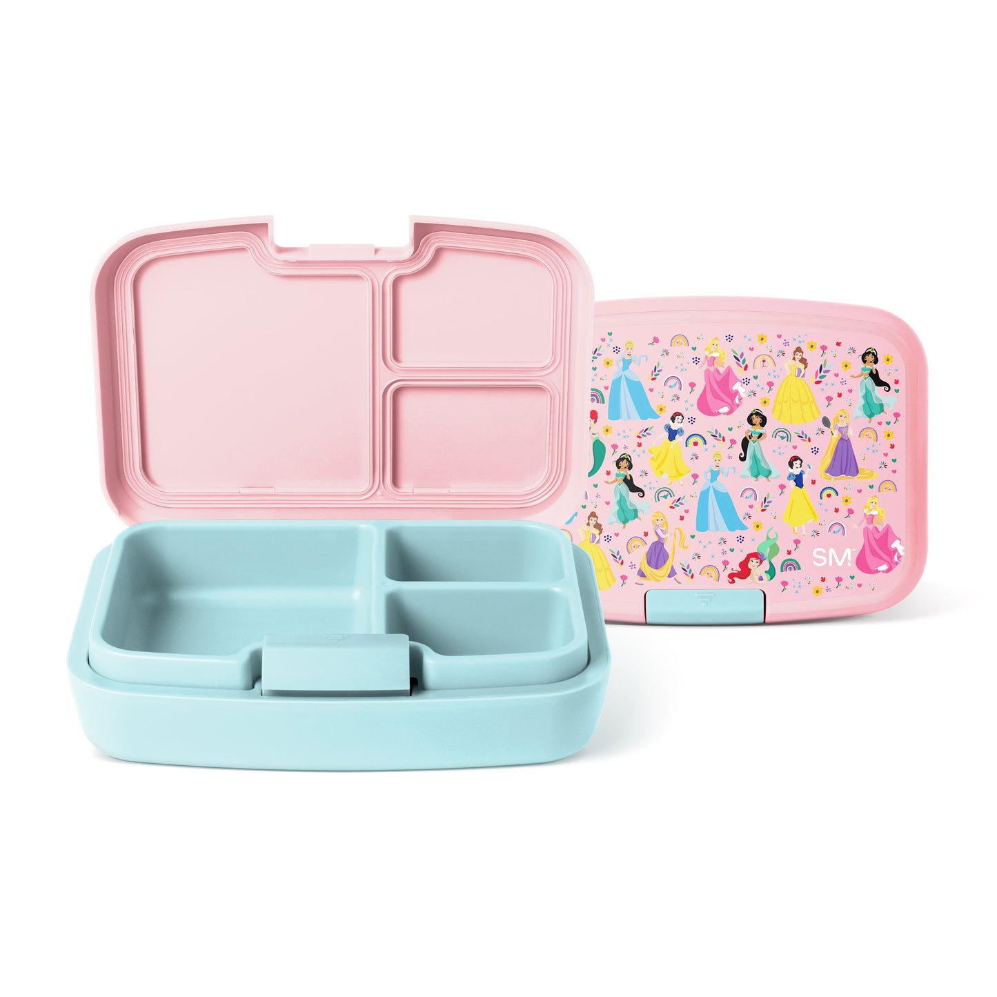 Simple Modern bento lunch box set with aqua blue compartmented container and pink princess-themed lid, shown open and closed against white background.
