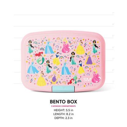 Simple Modern Disney Princess bento box with pastel pink exterior, lavender lid featuring princess characters and floral designs, mint latch, 3 interior compartments. Dimensions shown: 5.5" H x 8.2" L x 2.3" D.
