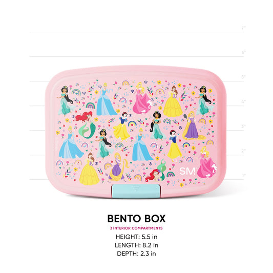 Simple Modern Disney Princess bento box with pastel pink exterior, lavender lid featuring princess characters and floral designs, mint latch, 3 interior compartments. Dimensions shown: 5.5" H x 8.2" L x 2.3" D.