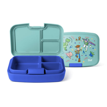 Simple Modern bento lunch box displayed open and closed, showing blue compartmentalized base with storage sections and turquoise lid decorated with Toy Story characters including Buzz Lightyear and Woody.