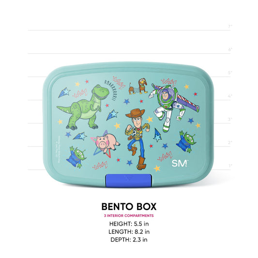 Turquoise Simple Modern bento box with Toy Story characters including Buzz Lightyear, Woody, and Rex on lid. Features blue latch, 3 interior compartments. Dimensions: 5.5"H x 8.2"L x 2.3"D. Studio product shot with