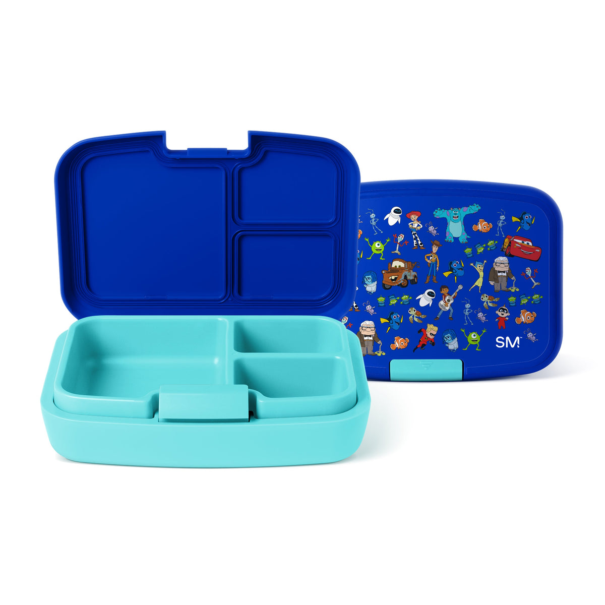 Simple Modern children's lunch box with open turquoise compartmentalized container and royal blue lid featuring colorful Disney and Pixar characters from Toy Story, Finding Nemo, and other films.