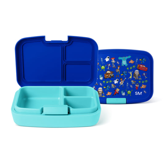 Simple Modern children's lunch box with open turquoise compartmentalized container and royal blue lid featuring colorful Disney and Pixar characters from Toy Story, Finding Nemo, and other films.