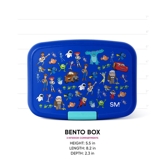 Simple Modern Pixar bento box with royal blue lid featuring Toy Story, Cars, Finding Nemo, Monsters Inc., WALL-E and Up characters. Turquoise latch. Measurements shown: 5.5"H x 8.2"L x 2.3"D. Three interior compartments.