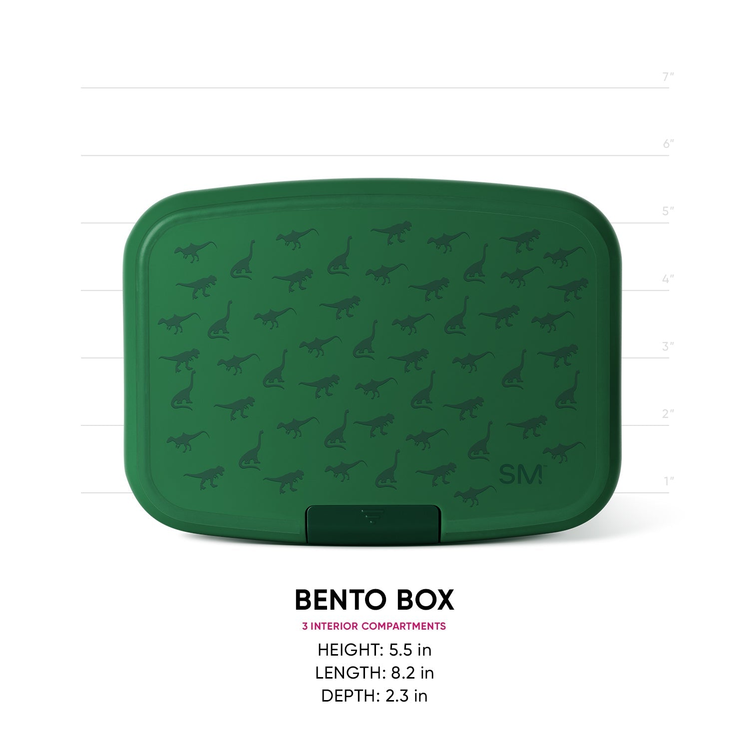 Forest green bento box with dinosaur pattern and measurement scale, showing 3 interior compartments, dimensions 8.2" L x 5.5" H x 2.3" D.