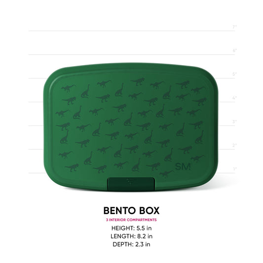 Forest green bento box with dinosaur pattern and measurement scale, showing 3 interior compartments, dimensions 8.2" L x 5.5" H x 2.3" D.