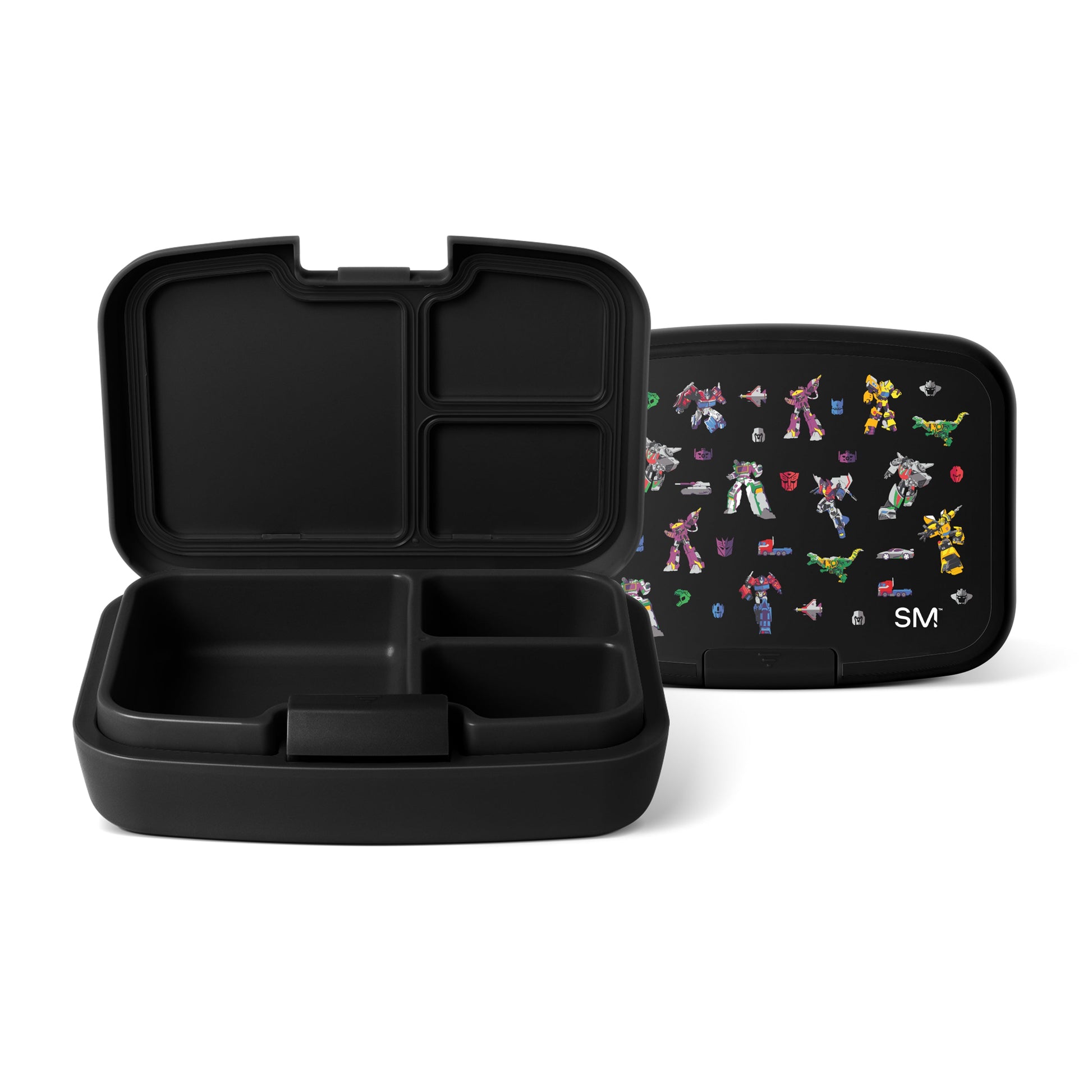 Black bento lunch box with three compartments, open to show interior dividers. Matching lid features colorful robot and transformer character illustrations on dark background. Simple Modern logo visible.