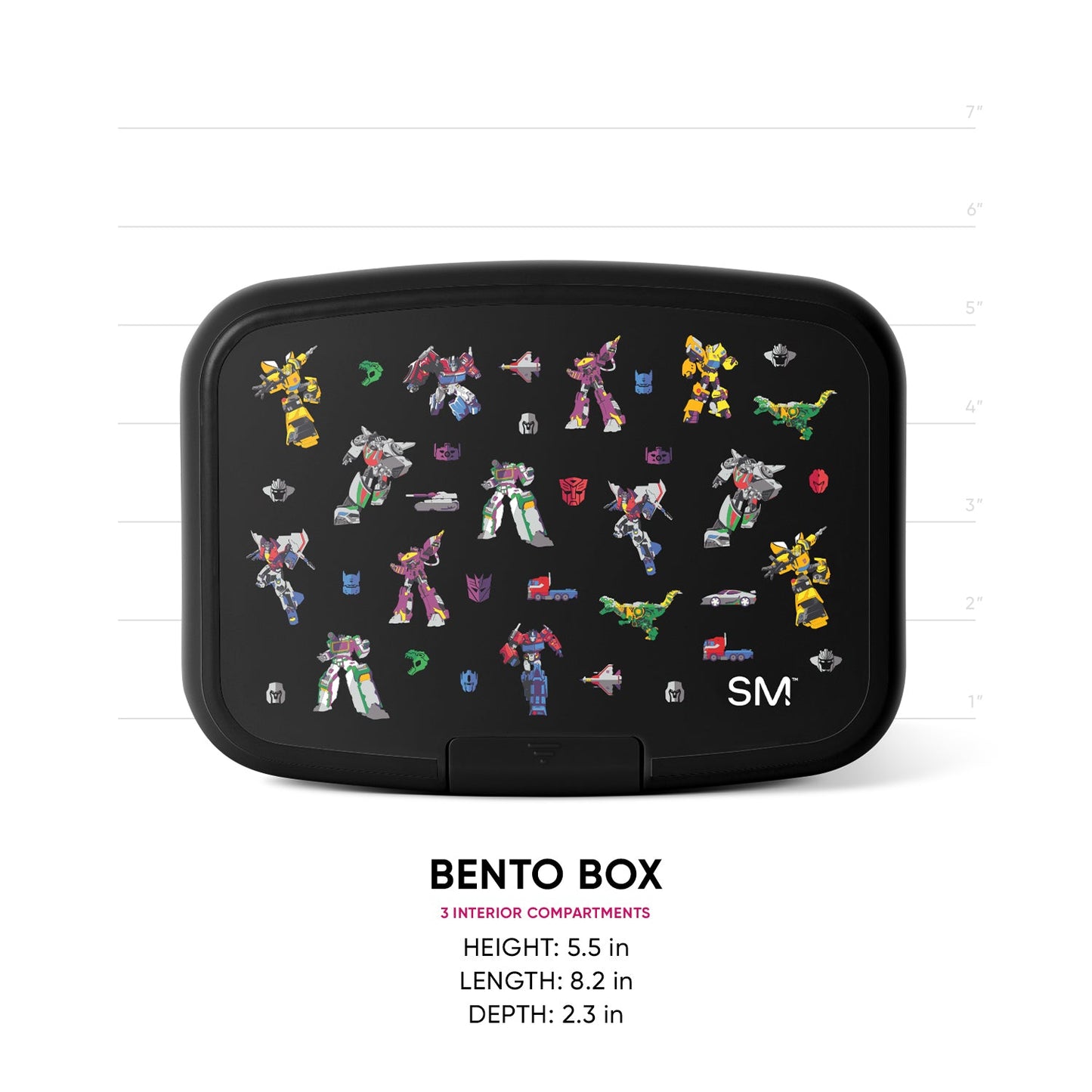 Black Simple Modern bento box with colorful Transformers character graphics on lid, shown with measurement scale. 3 interior compartments. Height 5.5", length 8.2", depth 2.3".