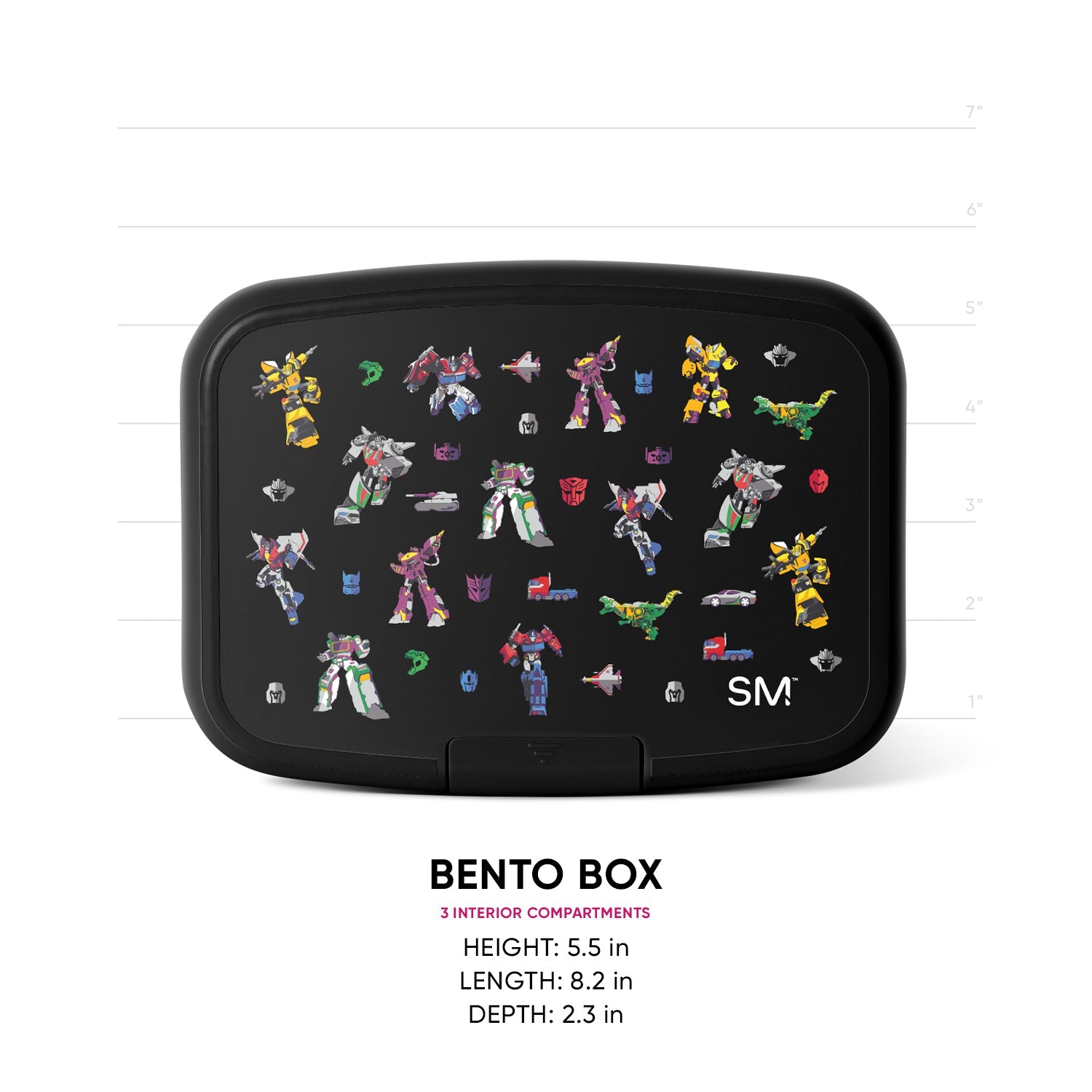 Black Simple Modern bento box with colorful Transformers character graphics on lid, shown with measurement scale. 3 interior compartments. Height 5.5", length 8.2", depth 2.3".