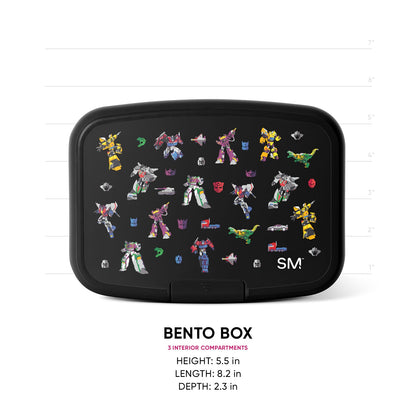 Black Simple Modern bento box with colorful Transformers character graphics on lid, shown with measurement scale. 3 interior compartments. Height 5.5", length 8.2", depth 2.3".