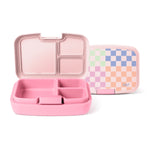 Pink bento lunch box by Simple Modern with divided compartments shown open next to matching lid featuring pastel checkerboard pattern in mint green, cream, periwinkle blue, lavender, and peach tones.