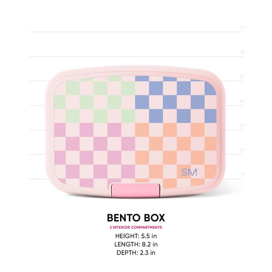 Simple Modern pink bento box with colorful checkerboard lid pattern shown at three-quarter angle with measurement scale. Product dimensions: 5 inches tall, 8.2 inches long, 2.3 inches deep. Three interior compartments.