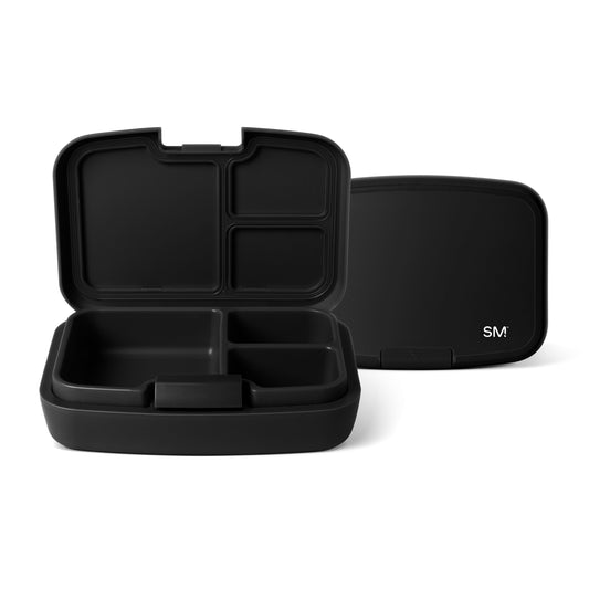 Black three-compartment bento lunch container from Simple Modern with divided interior, shown open and closed against white background, includes carrying case with SM logo.