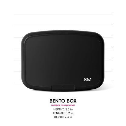 Black Simple Modern Bento Box with 3 interior compartments shown with measurement scale. Dimensions: 5.5"H x 8.2"L x 2.3"D. Hinged lid design for food storage.
